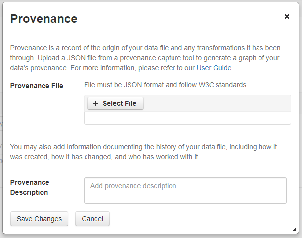 Edit provenance modal window